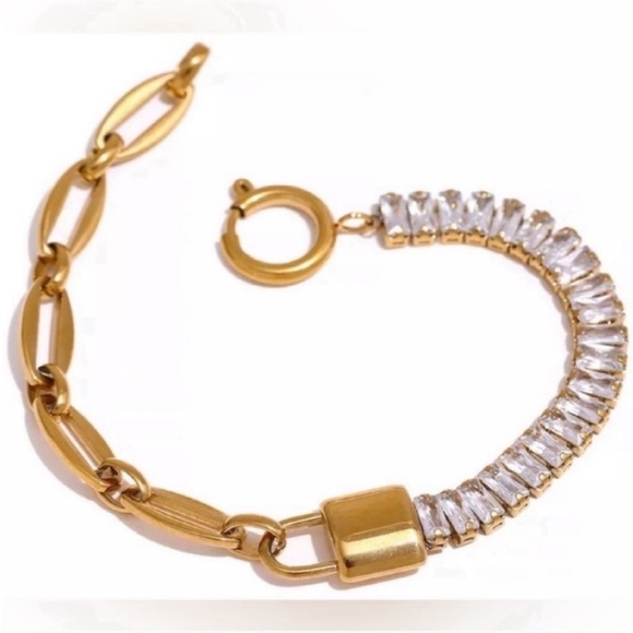 Gold Plated Waterproof Lock Chain Bling Cubic Zirconia Bracelet Sparkly - Picture 1 of 12